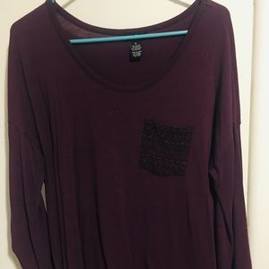 Plum Cotton Longsleeve with Patterned Pocket